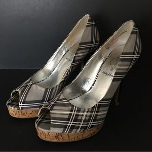 Baby Phat Erin Plaid Heels Shoes 7.5 Black White Silver Peep Toe Cork Platform